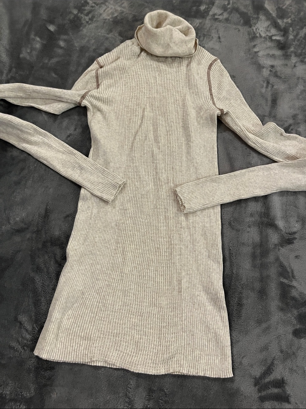 Moda International Ribbed Turtleneck Long Sleeve top Beige with Brown Trim